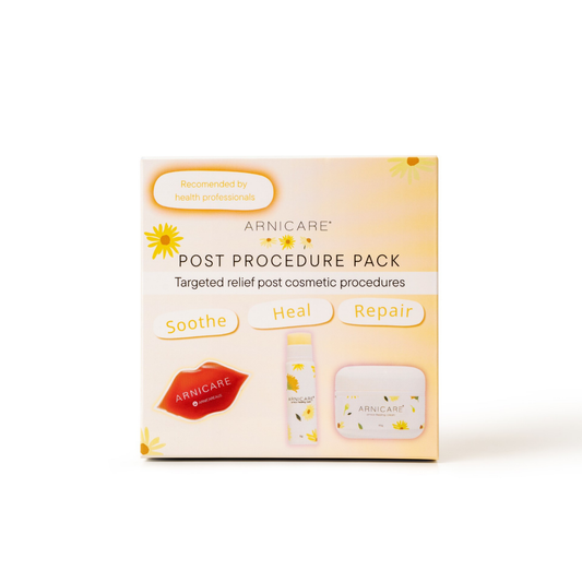 A boxed skincare product labeled ARNICARE Post Procedure Pack, shown on a clean white background. The package is pale peach and cream with yellow floral accents and includes illustrated or photographed contents such as a lip balm tube and a small cream container, plus the words Soothe, Heal, and Repair.